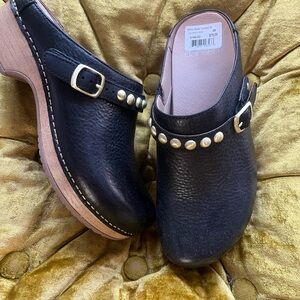 Black Leather Clogs with Studded Detail